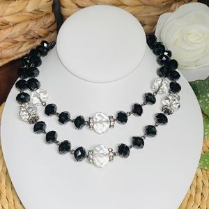 Spectacular Vintage Crown Trifari Faceted Black & Clear Beaded Necklace.